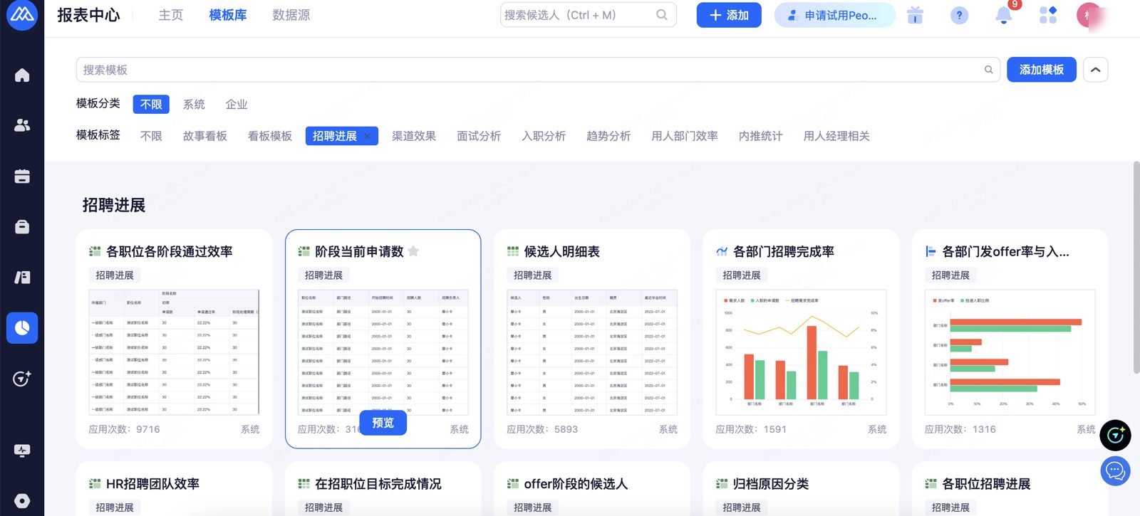 报表中心模板库：按分类筛选模板，预览并直接应用