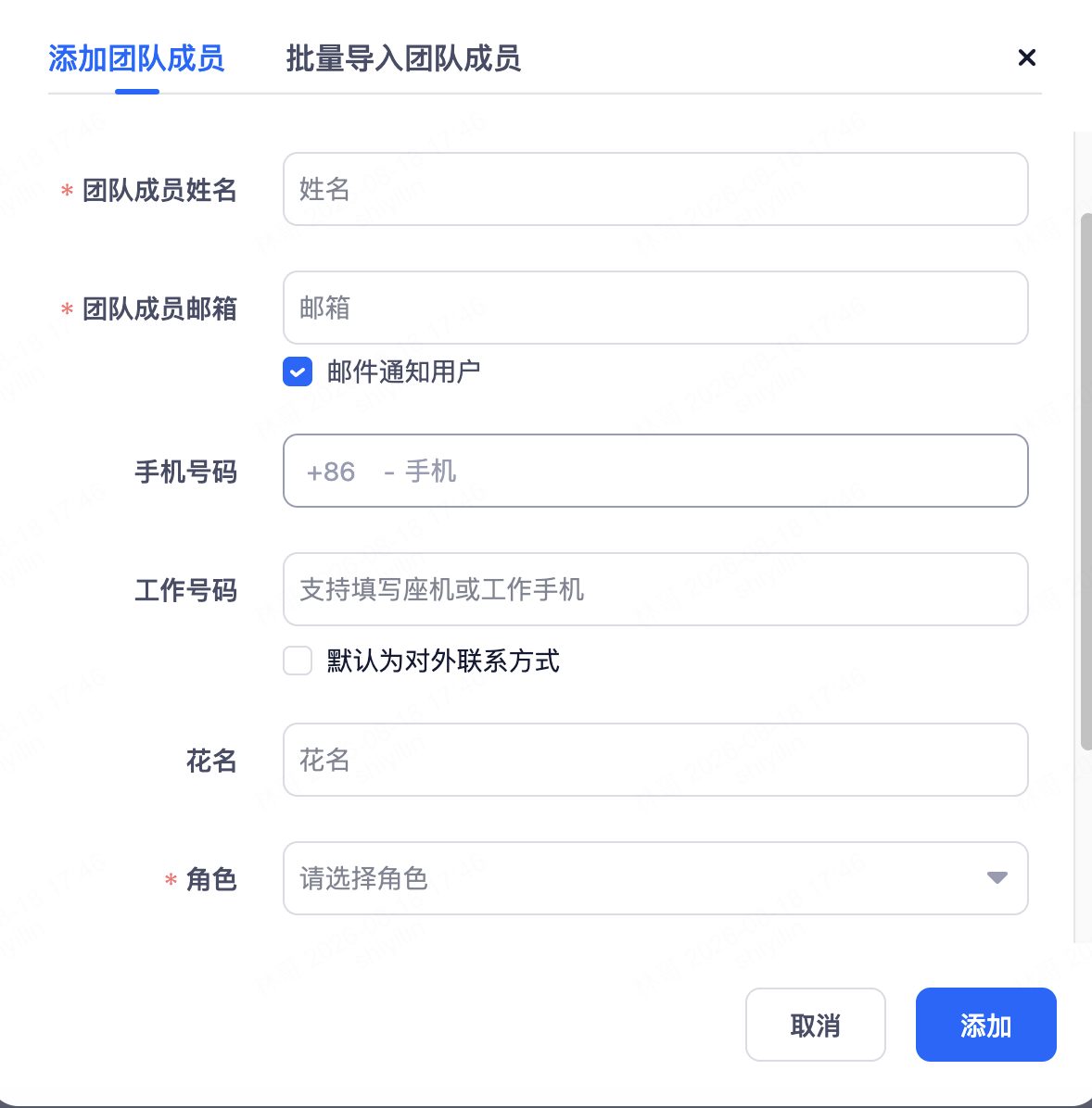 添加团队成员弹窗：填写姓名、邮箱、手机号、角色等必填/选填信息